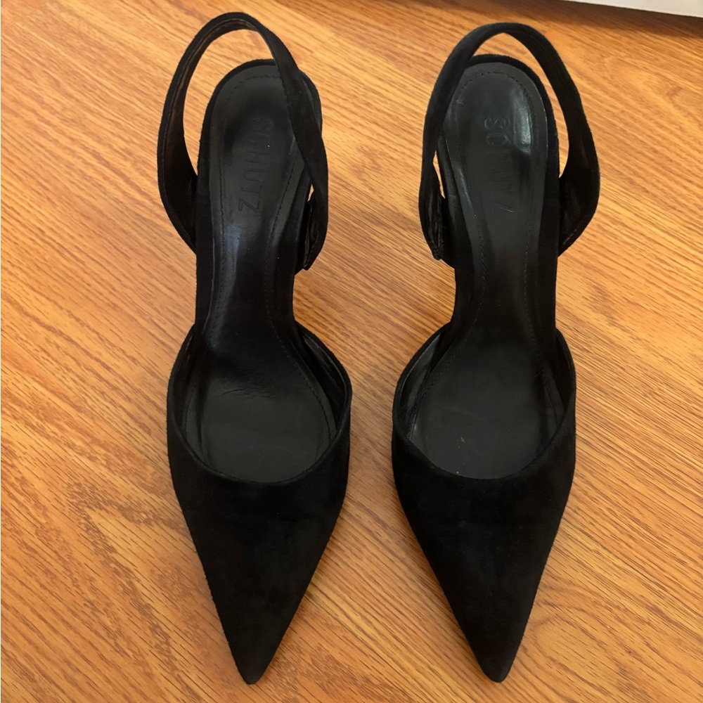 SCHUTZ Black Pointed-Toe Suede Slingback Heels - Picture 3 of 6